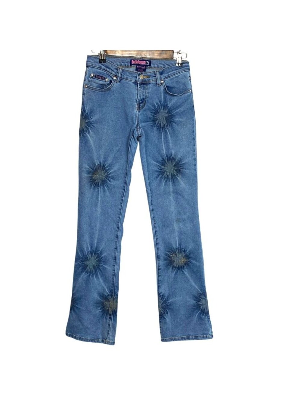 Vintage Y2K Bubblegum Womens Blue Flared Jeans With Sun Tears Art Print Size 3/4